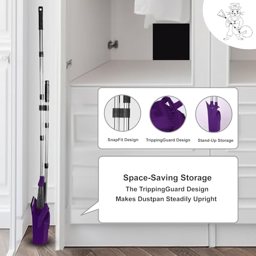Broom and Dustpan Set for Home, 51" Long Handle Standing Dustpan Purple - color: Purple