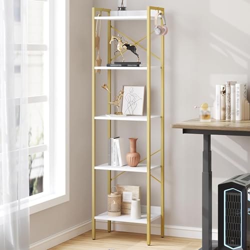Hzuaneri Bookshelf, Book Shelf, Industrial Bookcase with 2 Hooks - color: White Gold, size: 9.4"D x 15.7"W x 63"H