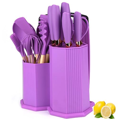 Kitchen Cooking Utensils and Knife Set with Holder Block, 19 Pieces Cooks Cutting Set 11 Pcs Silicone Cooking Utensils Sharp Stainless Steel Knives Scissors Whisk Tongs and Cutting Board (Purple) - color: Purple