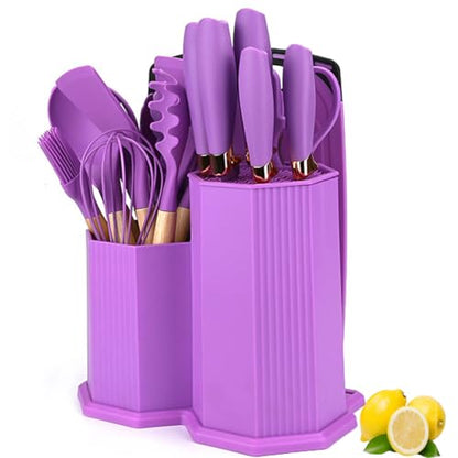 Kitchen Cooking Utensils and Knife Set with Holder Block, 19 Pieces Cooks Cutting Set 11 Pcs Silicone Cooking Utensils Sharp Stainless Steel Knives Scissors Whisk Tongs and Cutting Board (Purple) - color: Purple