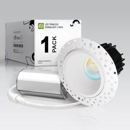 ASD 2 Inch Trimless LED Recessed Ceiling Light Fixture, Mud-in Canless Downlight with Junction Box, 5CCT Selectable 2700K-5000K, 8W 643 Lumens, CRI90+, Anti-Glare, Dimmable, IC & Wet Rated, ETL - color: White 1 Pack, size: 2" 8 Watt