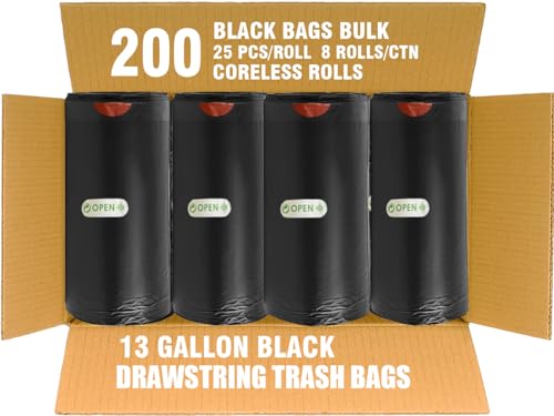 BEIDOU-PAC 13 Gallon Trash Bags Drawstring, 200 Count Bulk, Black & Unscented Garbage Bags, Multi-purpose Tall Kitchen Trash Bags Can Liners for Business Home Commercial and Industrial - style: 13 Gallon |200 Count
