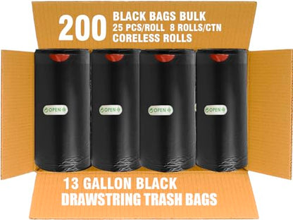 BEIDOU-PAC 13 Gallon Trash Bags Drawstring, 200 Count Bulk, Black & Unscented Garbage Bags, Multi-purpose Tall Kitchen Trash Bags Can Liners for Business Home Commercial and Industrial - style: 13 Gallon |200 Count
