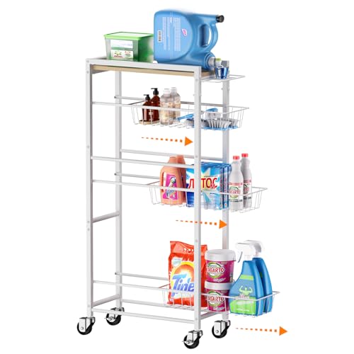 4 Tier Slim Rolling Storage Cart with Pull-Out Baskets, Narrow Sliding Storage Slim Laundry Cart Slim Rolling Kitchen Cart - color: White