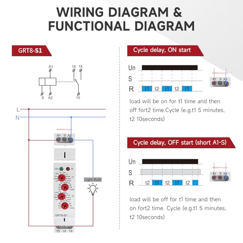 GRT8-S1 Asymmetric Cycle Timer Relay 1SPDT 16A AC/DC 12-240V Din Rail - size: GRT8-S1 AC/DC 12V-240V