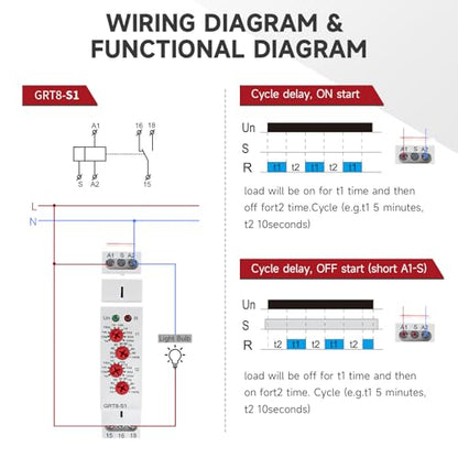 GRT8-S1 Asymmetric Cycle Timer Relay 1SPDT 16A AC/DC 12-240V Din Rail - size: GRT8-S1 AC/DC 12V-240V