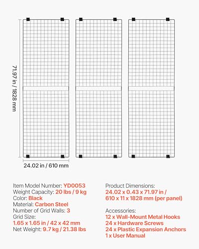 VEVOR 3 Packs Grid Wall Panels, 2 x 6 ft Wire Grid Panels Display Rack, Wall-Mounted Art Display Shelf, Black Carbon Steel Wall Hanging Gridwall for Craft Show, Decoration, Storage, Notice Board - size: 24.02 x 0.43 x 71.97 in
