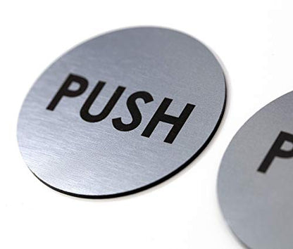 Brushed Silver Push Pull Door Signs | Set of 2 | 2" Round - Laser Engraved Acrylic | Indoor & Outdoor Signage | 3M Adhesive on Back of Sign | Ready to Hang (Pack of 2) - size: 2" Diameter (Pack of 2)