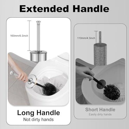 Silver Toilet Brush and Holder，Long Handled Gold Toilet Brush for Bathroom，Stainless Steel Heavy Duty Toilet Bowl Brush,Removable Inner Bowl,Deep Cleaning Dense Bristles Cleaner Brush -Space Saving - color: Silver