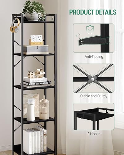 Hzuaneri Bookshelf, Book Shelf, Industrial Bookcase with 2 Hooks - color: Black, size: 9.4"D x 15.7"W x 63"H