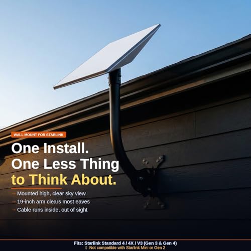 Wall Mount for Starlink Gen 3, Heavy Duty 19 Inch Adjustable Carbon Steel J-Mount with Pivot Base, Weatherproof Roof and Wall Mounting Bracket Compatible with Starlink Standard 4/4X/V3 Dish - size: Standard mount