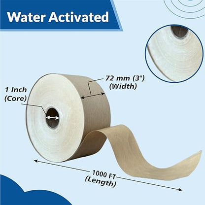 3'' x 1000 Feet Reinforced Water Activated Gummed Kraft Paper Tape, for Heavy Duty Secure Packing Shipping, Tamper Evident Gummed Tape, Brown - 1 Roll