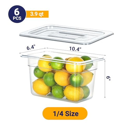 BIEAMA 6 Pack 1/4 Size 6" Deep NSF Polycarbonate Food Pans with Lids - color: 1/4 Size, size: 6" Deep