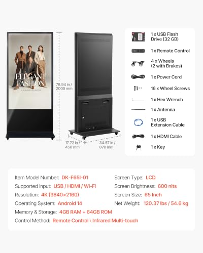 VEVOR 65 in Indoor Digital Signage 4K Floor Stand Advertising Display Kiosk, WiFi HDMI/USB Input Android OS, 178° Wide View, LCD Touchscreen Interactive Monitor, Mobile Commercial Totem Poster - size: 65"-Touchscreen
