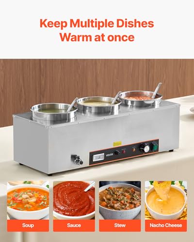 VEVOR Electric Soup Warmer, Three 6.34QT Stainless Steel Round Pot with 86~185°F Adjustable Temp, 1500W Commercial Bain Marie with Anti-Dry Burn and Reset Button, Soup Station for Restaurant, Buffet - size: 3×6L Pots