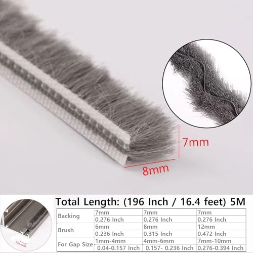 5m (16feet) Brush Weather Striping Card-Slot Seal Strip Pile Weatherstrip Door Sweep Brush for Door Window 7/24 x 5/16 Inch (7mm x 8mm (7/24" 5/16"), Gray) - size: 7mm x 8mm