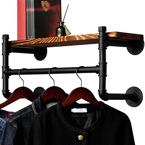 WEBI Wall Mounted Clothes Rack with Shelf,24" Industrial Pipe Clothing Rack with Shelves,Heavy Duty Iron Garment Bar,Retail Display Clothes Rod for Laundry Room,Black - color: Black, size: 24 Inch