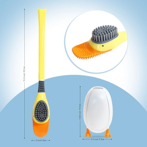 Duck-Shaped Toilet Brush Set – Flat Silicone Brush Head with Side Bristles for Deep Cleaning, Non-Stick, Hidden Plunger, Wall-Mount Holder(Blue) - color: Blue