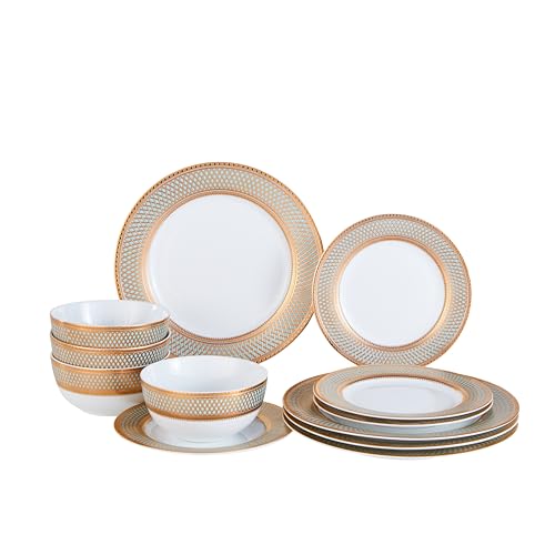 Porcelain Dinnerware Set with Real Gold Trim (Geometric Pattern,Service for 4) - size: Service for 4
