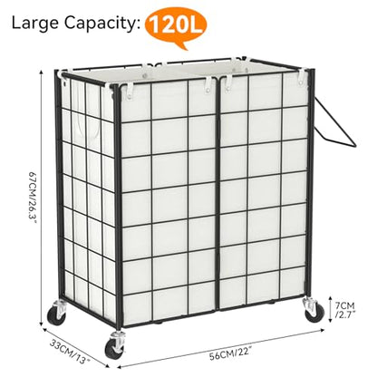 WOWLIVE Double Laundry Hamper with Wheels, Metal Rolling Laundry Basket - color: Black and White, size: 120l