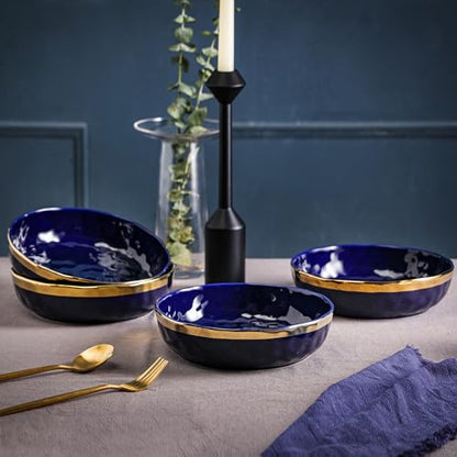Stone Lain Florian 4-Piece Round Pasta Bowl Set, Blue with Gold Rim - color: Blue with Gold Rim, size: 4-Piece Pasta Bowl