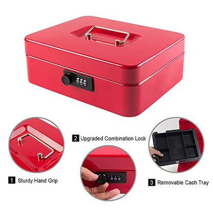 KYODOLED Large Cash Box with Combination Lock Safe Metal Money Box with Money Tray for Security Lock Box 9.84"x 7.87"x 3.54" Red Large - color: Red (Pack of 1), size: Large