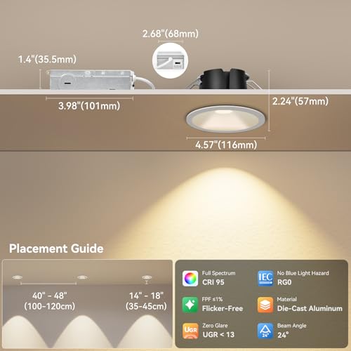 CycevSun 4 Inch Anti-Glare LED Recessed Downlight COB Spotlight, 6-Pack - color: White, size: 4 Inch
