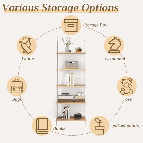 Karl home Oak 5 Tier Wall Mount Ladder Shelf, Metal Frame Open Bookcase - color: Oak