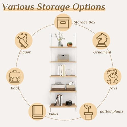 Karl home Oak 5 Tier Wall Mount Ladder Shelf, Metal Frame Open Bookcase - color: Oak