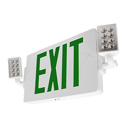 LFI Lights® Thin COMBO UL 924 Listed, Green LED, Exit Sign with Emergency Lights, White, 120-277VAC Hardwired with Battery Backup, Optional Double Face and Knock Out Arrows COMBOTGWBB - size: 1 Pack