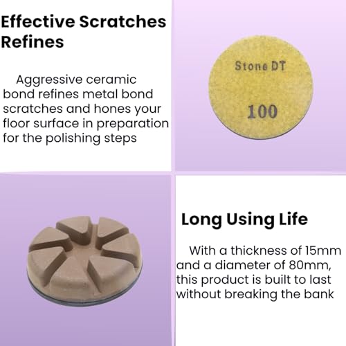 Hybrid Diamond Polishing Pucks, 3’’ Floor Grinding Pads for Hard Concrete Surface, Compatible with Ride-on/Walk-Behind Floor Grinder, Aggressive Ceramic Bond, 100#, 9PCS - style: 100# 9PCS