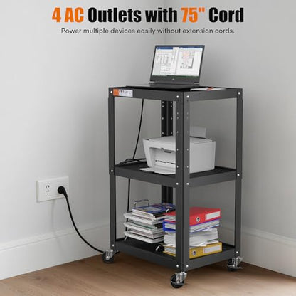 3 Shelf Metal Utility Cart - Durable Computer Cart on Wheels with Power Strip,Height Adjustable AV Presentation Cart Stand for Movie Projector,TV and Laptop Computers,Easy to Assemble, Black - style: AV Cart(M-AV-JS)