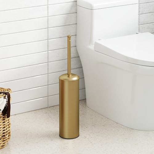 BESy Toilet Brush and Holder, Toilet Cleaner Bowl Set with Two Brush with Extra Long Handle, Durable Bristles Toilet Scrubber and Covered Holder, Drip-Proof Stainless Steel Brushed Gold - color: Brushed Gold