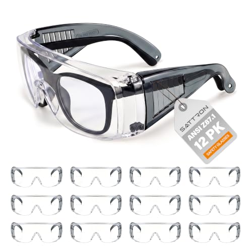 Safety Glasses Over Eyeglasses 12Pack ANSI Z87.1 Impact&Scratch Resistant Wide Vision Fits Over Glasses Dust/Chemical Splash Proof Protective Eyewear for Work Construction Lab Clear Lens Black Temple - color: 12 Pack/ Clear Lens/ Gray Temples