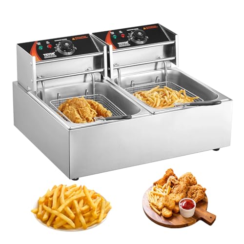 VEVOR Commercial Deep Fryer, Dual Tank 3000W Electric Countertop Fryer with Basket, 2 x 9.1Qt/8.6L Double Stainless Steel Oil Fryer, with Temp Control & Overheat Protection, for Kitchen Restaurant Use - size: Double Fryer, style: Deep Fryer