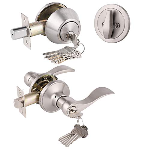 Gobrico 6 Keyed-Alike Entry Lever and Single Cylinder Deadbolt Combination Locksets, Satin Nickel Finished, Front Door Handle and Deadbolt with Same Key - color: Satin Nickel, size: 6 Pack