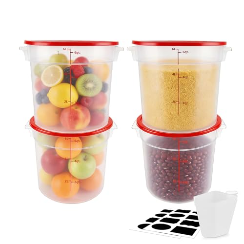 Round Food Storage Containers with Lids, 4 Sets,BPA-Free Plastic Canisters for Kitchen Pantry, Stackable Organization Bulk Dry Food Containers (Red, 6QT-4pack) - size: 6QT-4pack