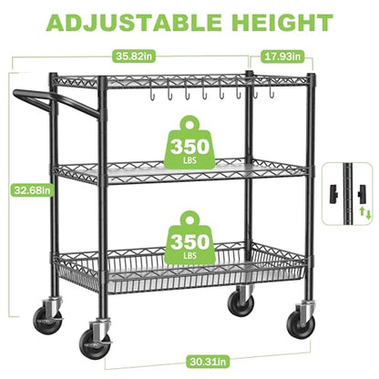 1050Lbs Heavy Duty 3 Tier Rolling Utility Metal Storage Cart with Wheels - color: Black（18d X 36w X 32h, 1050lb）