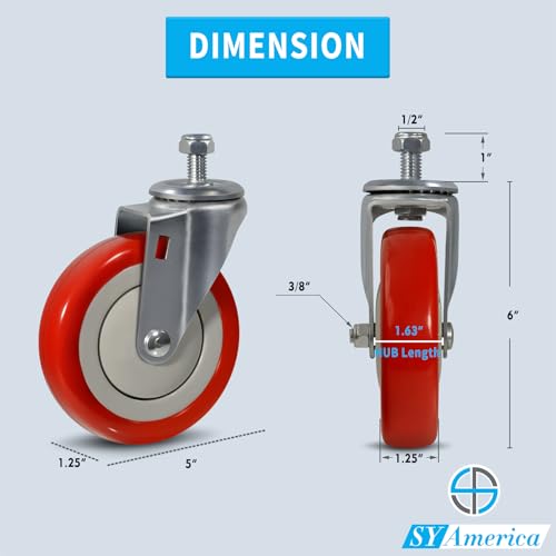 SY America 5" Shopping Cart Replacement Wheels,Stem Casters Swivel Casters Set of 4 Heavy Duty Castors,Load Capacity 1400 lbs (Red) - color: Red, size: 4 Swivel