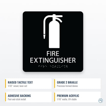 Alpha Dog Fire Extinguisher Sign, 8x8 ADA Braille Sign, Black - color: Black, size: Fire Extinguisher