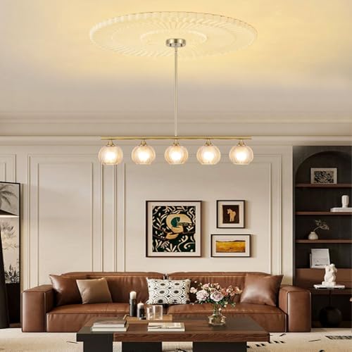 BYOLIIMA Modern Brushed Brass Linear Chandelier Amber Ribbed Glass Shade 5-Lights Gold Mid Century Sputnik Globe Pendant Light Farmhouse Ceiling Hanging Light Fixture Dining Room Kitchen Island - color: Gold/Amber