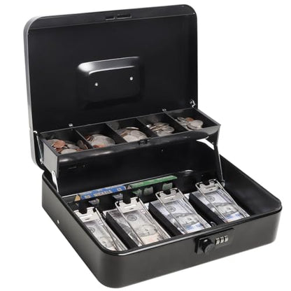 Cash Box with Combination Lock and Money Tray, Durable Metal Money Box for Cash Register, 4 Bill / 5 Coin Slots, Safe Storage for Home & Small Business, 11.8" x 9.5" x 3.5", Cmb-Black - color: Cmb-Black