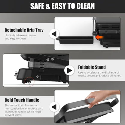 CATTLEMAN 5 in 1 Ceramic Panini Press Grill with Removable Plates, 1600W - color: Black with Reversible Plates