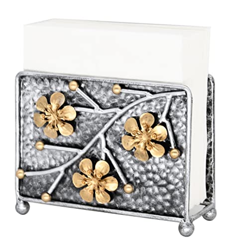 OwlGift Sakura Napkin Holder, Cherry Blossom Design Metal Freestanding Tissue Dispenser Organizer Iron Tabletop Paper Napkin Holder Stand for Home Kitchen Restaurant Picnic Party, Silver - color: V Silver