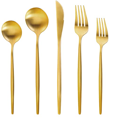 MIKIWAY 60-Piece Stainless Steel Flatware Set, Matte Golden Cutlery, Includes Spoons, Forks, Dishwasher Safe - color: Gold