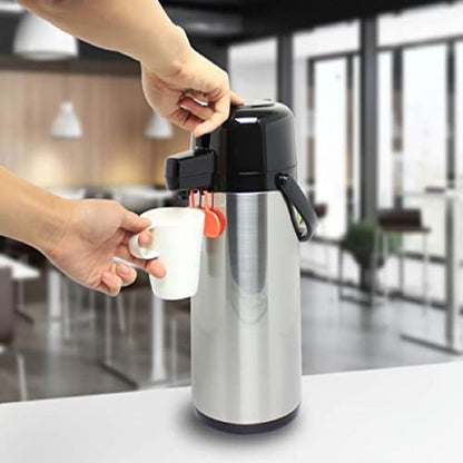 TrueCraftware- 2.2 Liter/ 74 oz Push Button Coffee Airpot Stainless Steel Body Glass Lined - Hot Beverage Coffee Chocolate Juice Tea Drinks Dispenser Ideal for Large Crowds for Any Occasion - size: 2.2 Liter
