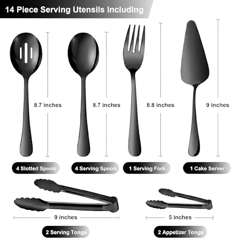 14PCS Serving Utensils - Hostess Serving Utensils Set, Premium Stainless Steel 8.7 inch Serving Utensils, Slotted Spoons, Forks, Tongs, Cake Pie Server for Buffet, Wedding, Dinner (Black) - color: Black