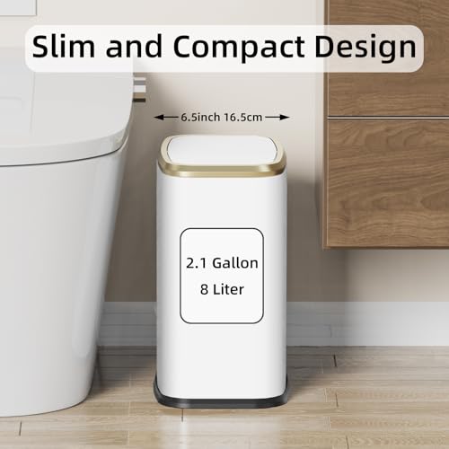 8L/2.1 Gallon Small Bathroom Trash Can with Lid, Swing-Top Rectangular Waste Bin, Stainless Steel Garbage Can for Home, Office, Toilet, Bedroom, Living-Room (White) - color: White