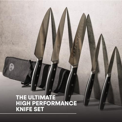 MasterChef Chef Knife Set with Bag, Knife Roll Set with 5 Professional Quality Kitchen Knives for Precision Home Cooking, High Carbon Stainless Steel Blades & Triple Riveted Handles (Pack of 6) - size: 5pc (Pack of 6), style: Knife Roll Set