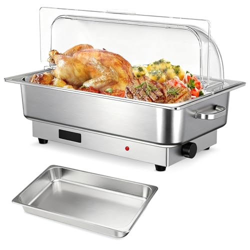 9 Qt Electric Chafing Dish Buffet Set, Stainless Steel Food Warmer with Roll Top Clear Lid, Adjustable Temperature Control, 1x1/1 Size Pans, Commercial Buffet Server for Catering, Parties & Events - size: 1x1/1 Size